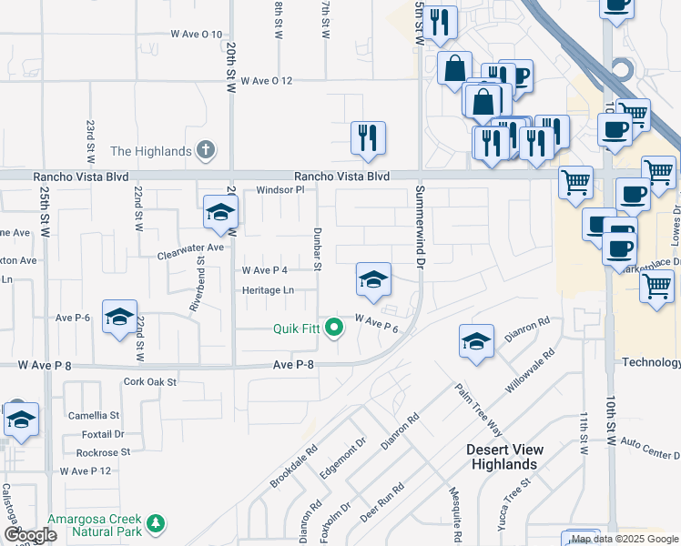 map of restaurants, bars, coffee shops, grocery stores, and more near Victoria Street in Palmdale