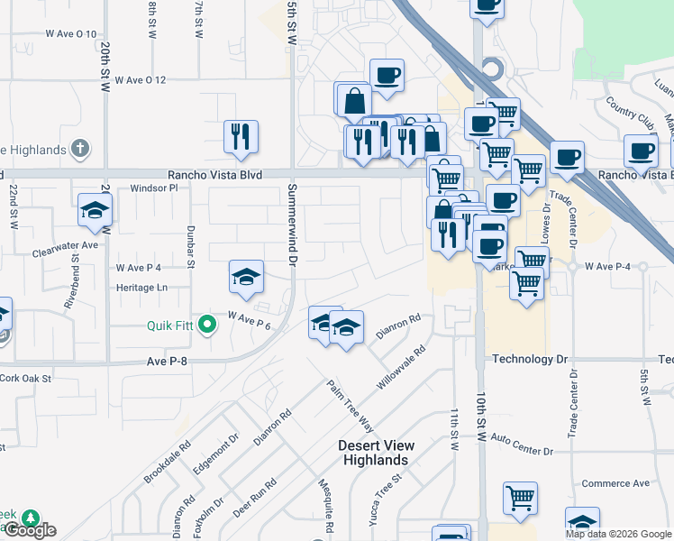 map of restaurants, bars, coffee shops, grocery stores, and more near 1249 Stanfill Road in Palmdale