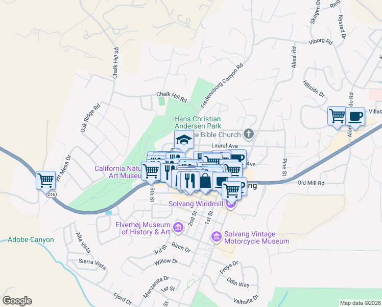 map of restaurants, bars, coffee shops, grocery stores, and more near 565 Atterdag Road in Solvang