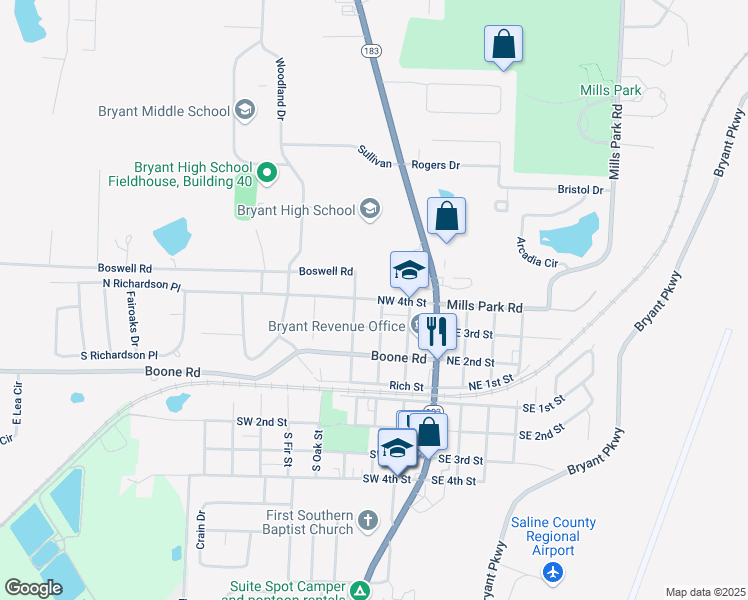 map of restaurants, bars, coffee shops, grocery stores, and more near 307 Northwest 4th Street in Bryant