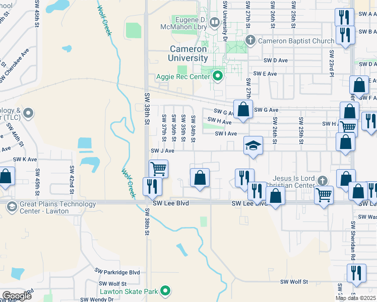 map of restaurants, bars, coffee shops, grocery stores, and more near 2804 Southwest J Avenue in Lawton