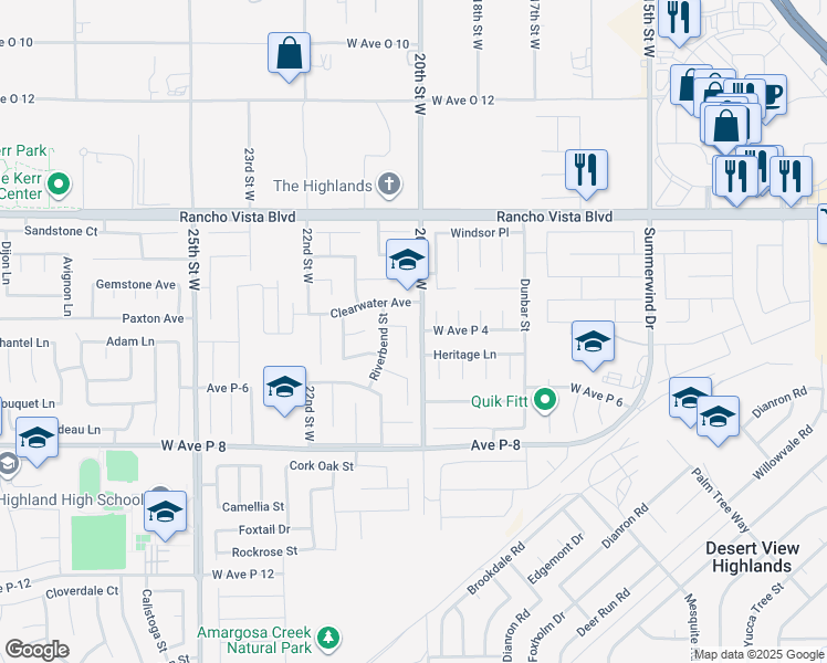 map of restaurants, bars, coffee shops, grocery stores, and more near 39360 Longhorn Court in Palmdale