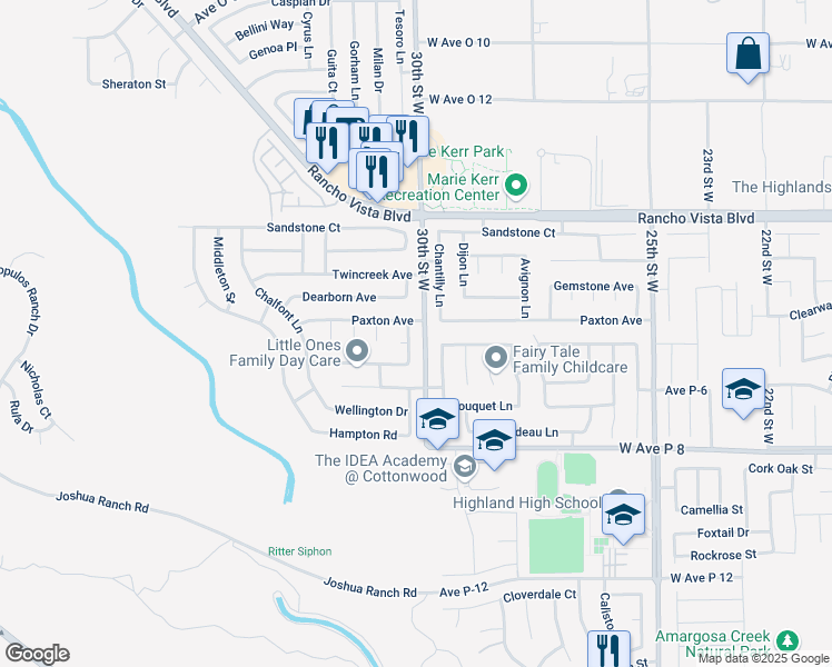map of restaurants, bars, coffee shops, grocery stores, and more near 39364 Harvard Lane in Palmdale