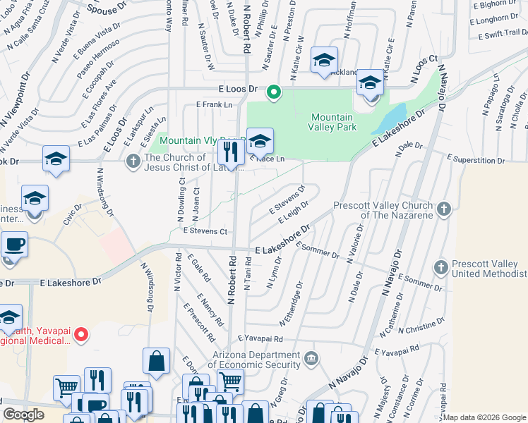 map of restaurants, bars, coffee shops, grocery stores, and more near 8300 East Stevens Drive in Prescott Valley