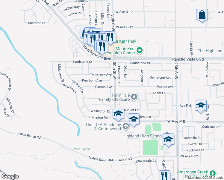 map of restaurants, bars, coffee shops, grocery stores, and more near 39364 Harvard Lane in Palmdale