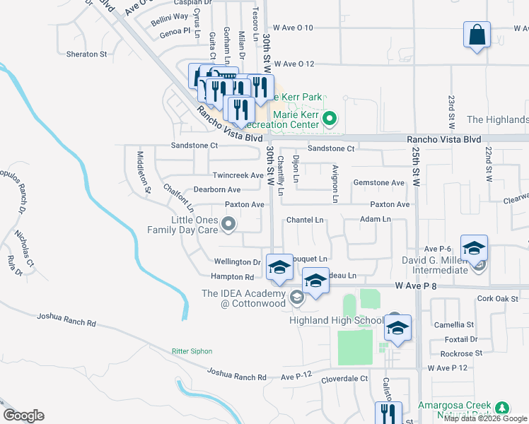 map of restaurants, bars, coffee shops, grocery stores, and more near 39344 Harvard Lane in Palmdale