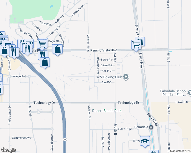 map of restaurants, bars, coffee shops, grocery stores, and more near 14 Avenue P-4 in Palmdale