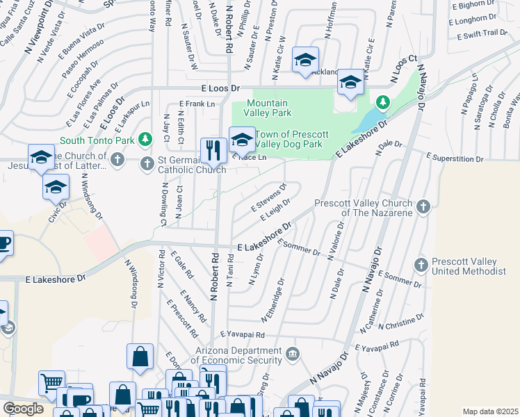 map of restaurants, bars, coffee shops, grocery stores, and more near 8369 East Leigh Drive in Prescott Valley