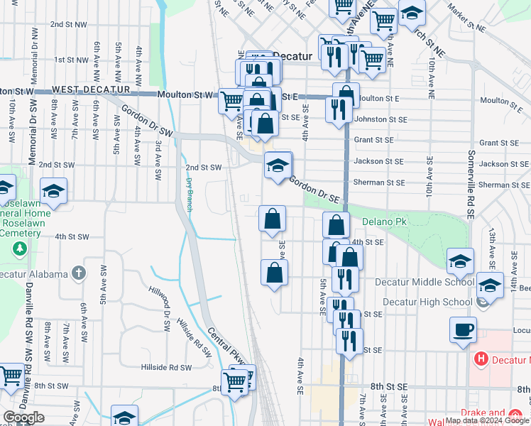 map of restaurants, bars, coffee shops, grocery stores, and more near 708 2nd Avenue Southeast in Decatur