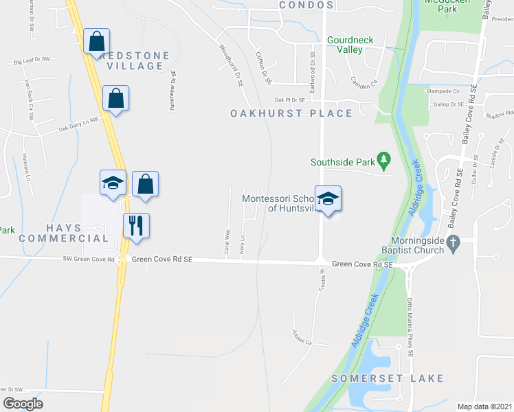 map of restaurants, bars, coffee shops, grocery stores, and more near Ivory Circle in Huntsville