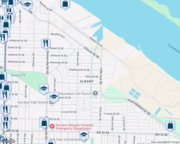 map of restaurants, bars, coffee shops, grocery stores, and more near 1626 Olive Street Southeast in Decatur
