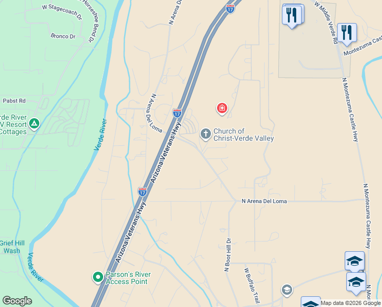 map of restaurants, bars, coffee shops, grocery stores, and more near 2000 North Arena Del Loma in Camp Verde