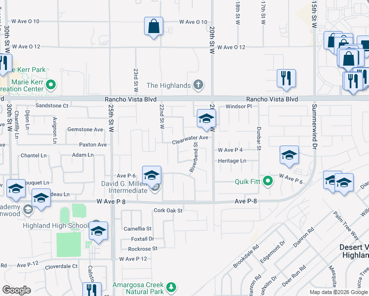 map of restaurants, bars, coffee shops, grocery stores, and more near 2115 Redrock Court in Palmdale