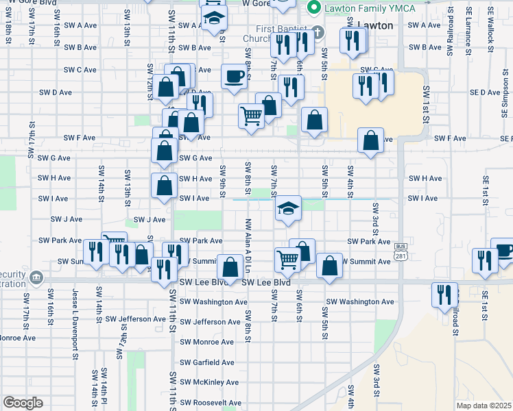 map of restaurants, bars, coffee shops, grocery stores, and more near 914 Southwest 8th Street in Lawton