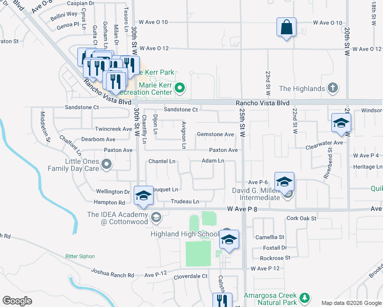 map of restaurants, bars, coffee shops, grocery stores, and more near 39341 Jefferson Drive in Palmdale