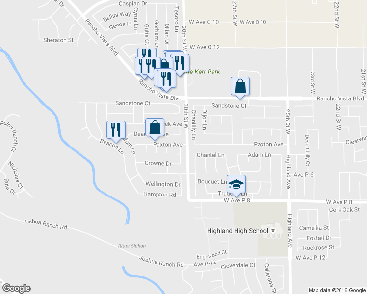 map of restaurants, bars, coffee shops, grocery stores, and more near 39344 Harvard Lane in Palmdale