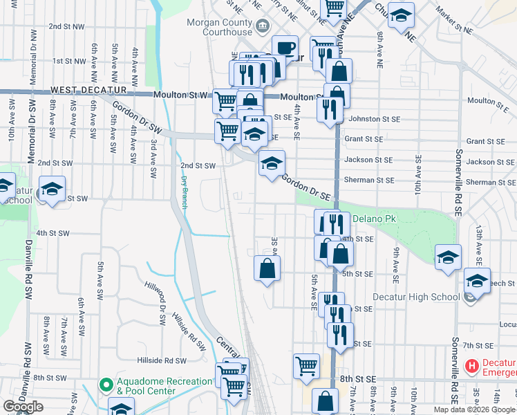 map of restaurants, bars, coffee shops, grocery stores, and more near 708 2nd Avenue Southeast in Decatur