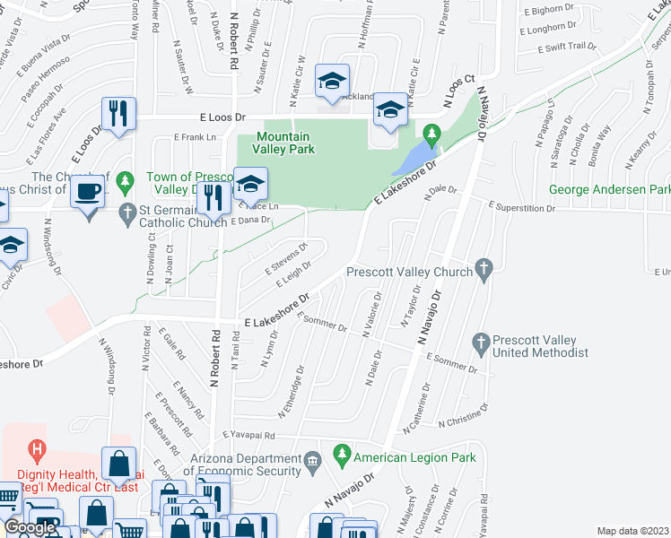 map of restaurants, bars, coffee shops, grocery stores, and more near 8524 East Lakeshore Drive in Prescott Valley