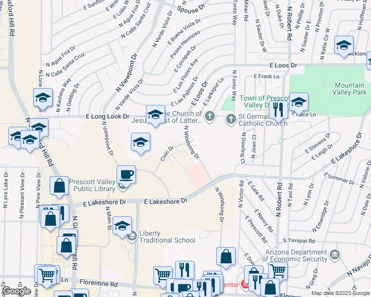 map of restaurants, bars, coffee shops, grocery stores, and more near 7763 East Long Look Drive in Prescott Valley