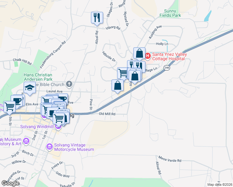 map of restaurants, bars, coffee shops, grocery stores, and more near Old Mission Dr in Solvang