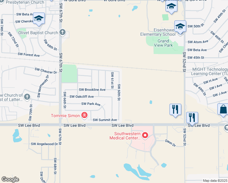 map of restaurants, bars, coffee shops, grocery stores, and more near 6006 Southwest Brookline Avenue in Lawton