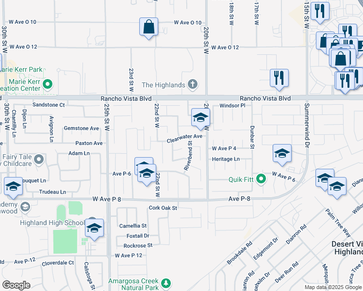 map of restaurants, bars, coffee shops, grocery stores, and more near 2107 Redrock Court in Palmdale