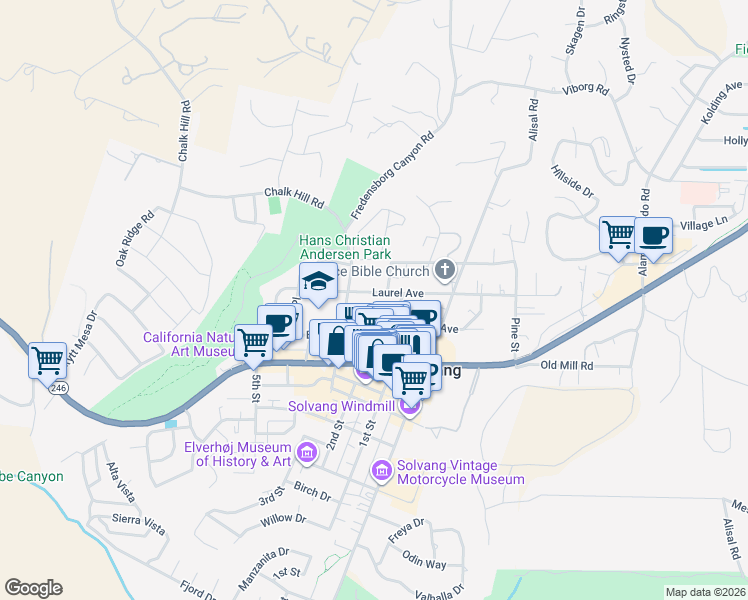 map of restaurants, bars, coffee shops, grocery stores, and more near 1624 Laurel Avenue in Solvang