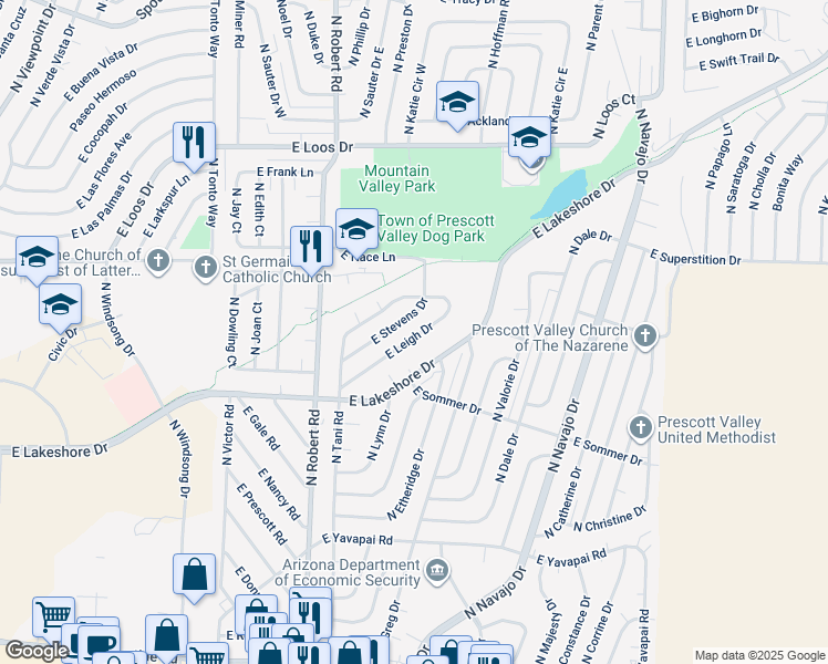 map of restaurants, bars, coffee shops, grocery stores, and more near 8435 East Stevens Drive in Prescott Valley