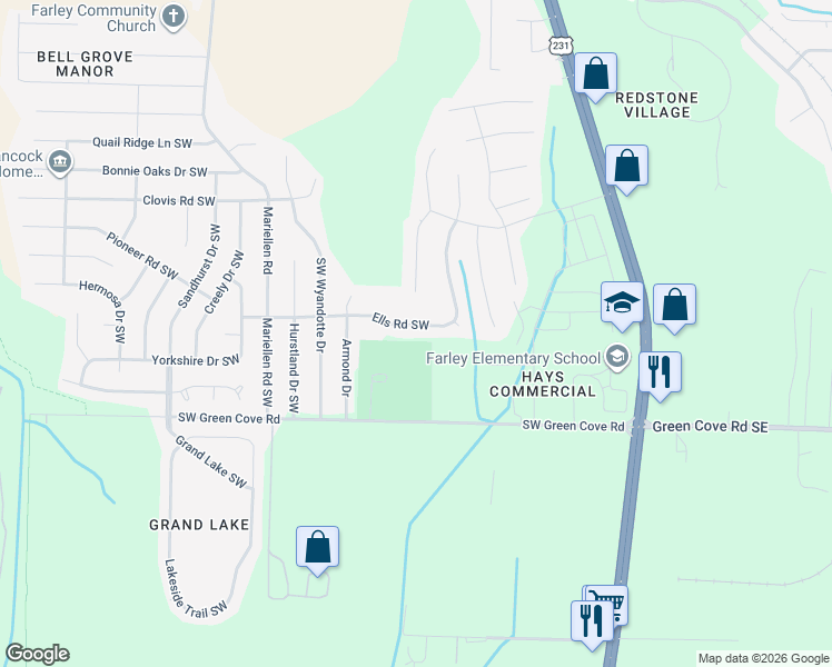 map of restaurants, bars, coffee shops, grocery stores, and more near 2234 Ells Road Southwest in Huntsville