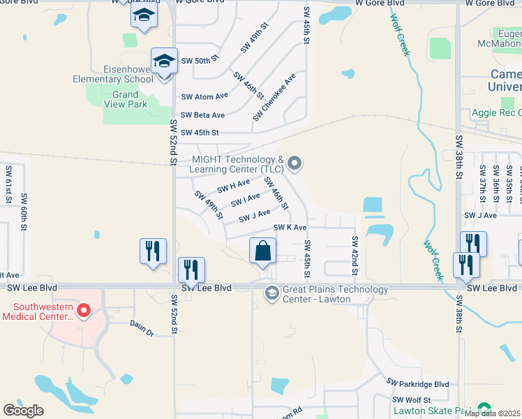 map of restaurants, bars, coffee shops, grocery stores, and more near 4611 Southwest J Avenue in Lawton