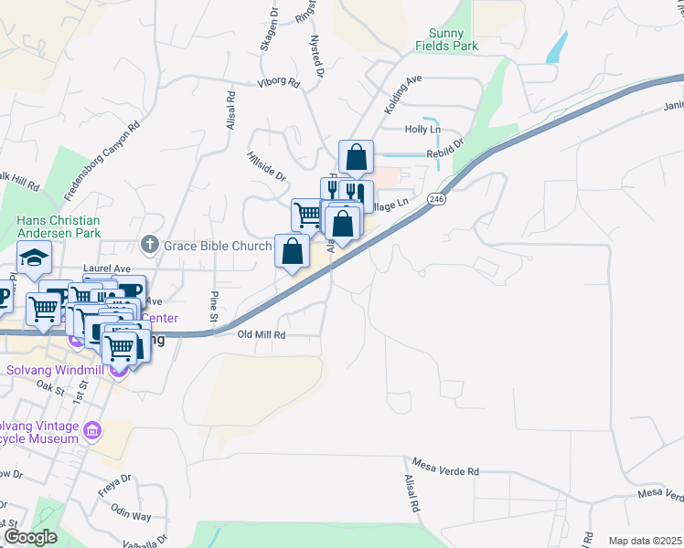 map of restaurants, bars, coffee shops, grocery stores, and more near 2010 Mission Drive in Solvang