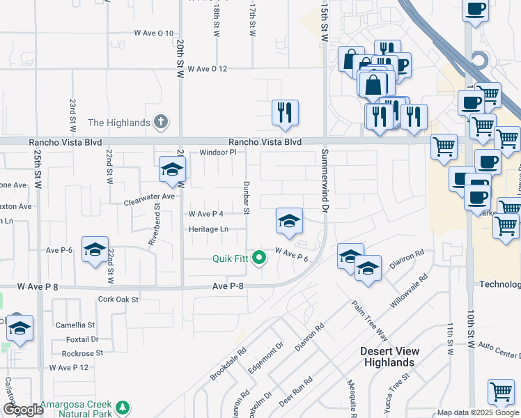 map of restaurants, bars, coffee shops, grocery stores, and more near Victoria Street in Palmdale