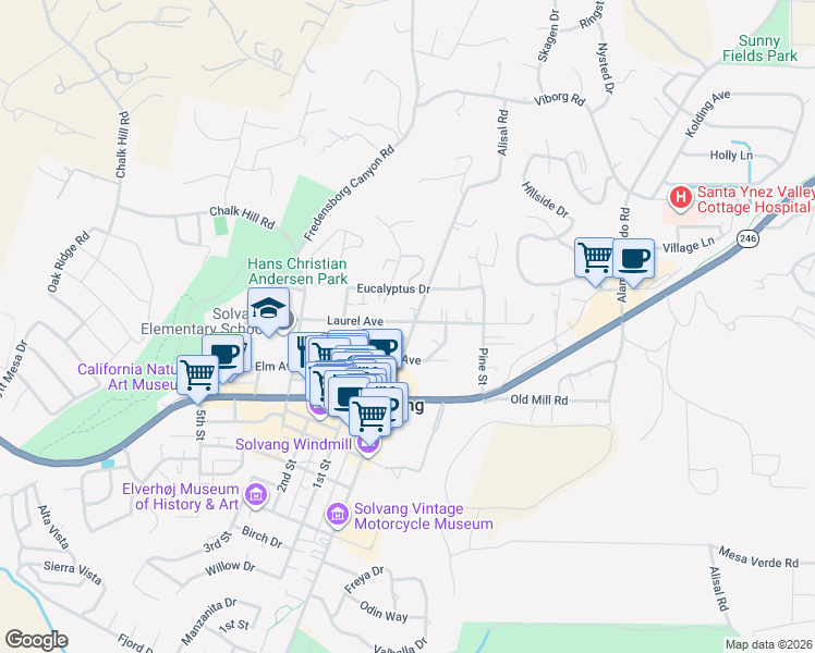 map of restaurants, bars, coffee shops, grocery stores, and more near 616 Alisal Road in Solvang