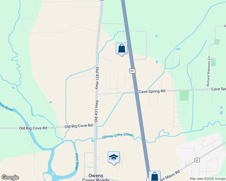 map of restaurants, bars, coffee shops, grocery stores, and more near 2705 Old Highway 431 in Owens Cross Roads