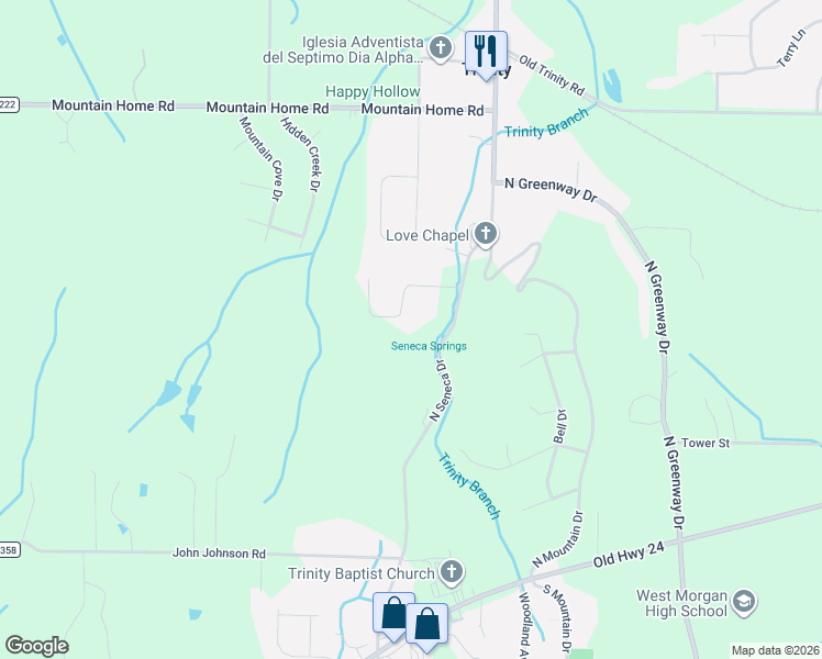 map of restaurants, bars, coffee shops, grocery stores, and more near 86 Seneca Springs Drive in Trinity