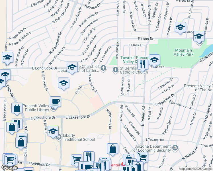 map of restaurants, bars, coffee shops, grocery stores, and more near 3737 North Windsong Drive in Prescott Valley