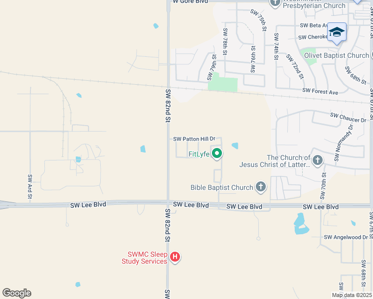 map of restaurants, bars, coffee shops, grocery stores, and more near 909 Southwest 80th Street in Lawton