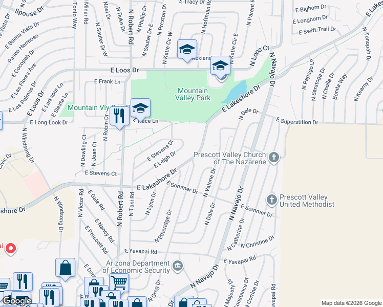 map of restaurants, bars, coffee shops, grocery stores, and more near 8505 East Leigh Drive in Prescott Valley