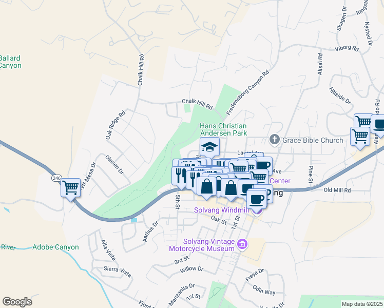 map of restaurants, bars, coffee shops, grocery stores, and more near 594 5th Street in Solvang