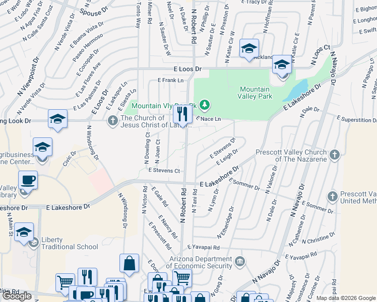 map of restaurants, bars, coffee shops, grocery stores, and more near 3833 North Robert Road in Prescott Valley