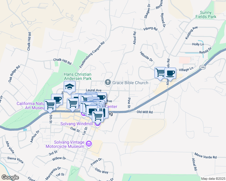 map of restaurants, bars, coffee shops, grocery stores, and more near 616 Alisal Road in Solvang