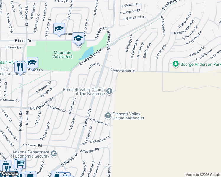 map of restaurants, bars, coffee shops, grocery stores, and more near 3881 North Constance Drive in Prescott Valley