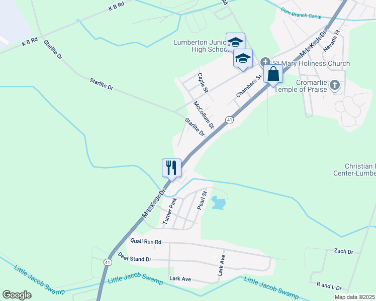 map of restaurants, bars, coffee shops, grocery stores, and more near 3210 Martin Luther King Junior Drive in Lumberton