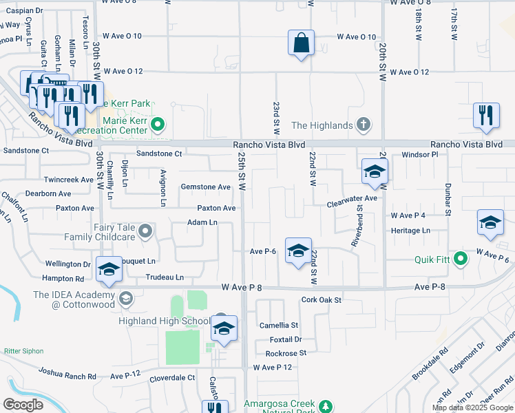map of restaurants, bars, coffee shops, grocery stores, and more near 39418 Daylily Place in Palmdale
