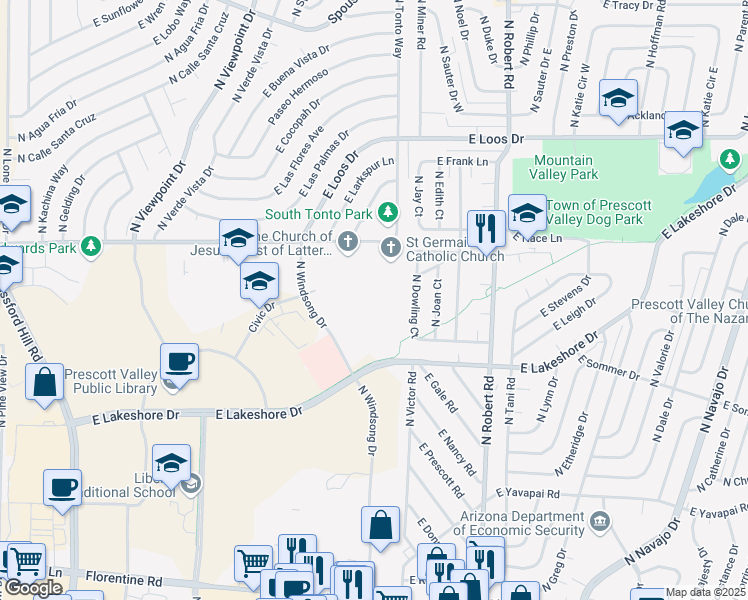 map of restaurants, bars, coffee shops, grocery stores, and more near 3737 North Windsong Drive in Prescott Valley