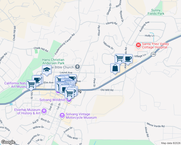 map of restaurants, bars, coffee shops, grocery stores, and more near 1775 Laurel Avenue in Solvang