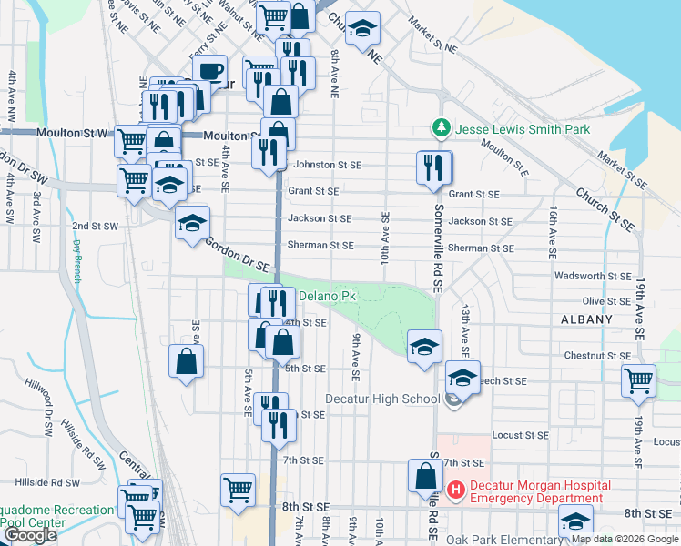 map of restaurants, bars, coffee shops, grocery stores, and more near 506 8th Avenue Southeast in Decatur