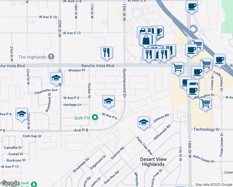 map of restaurants, bars, coffee shops, grocery stores, and more near 1529 Windermere Court in Palmdale