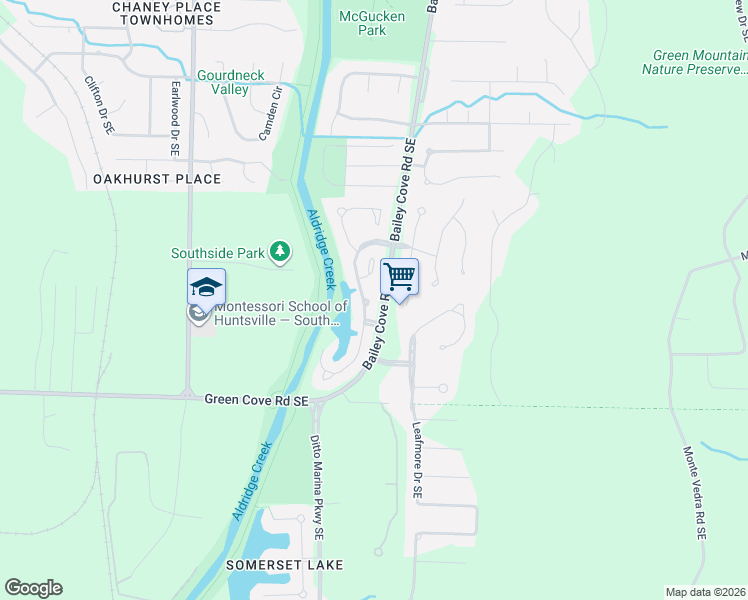 map of restaurants, bars, coffee shops, grocery stores, and more near 1800 Edgemere Court Southeast in Huntsville