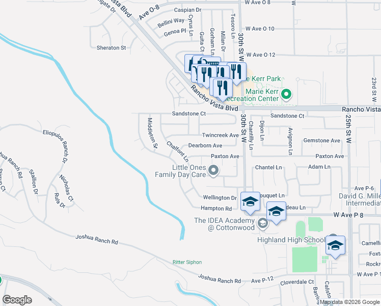 map of restaurants, bars, coffee shops, grocery stores, and more near 3175 Paxton Avenue in Palmdale